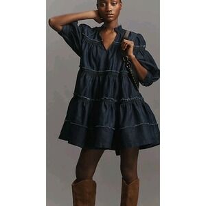 Pilcro By Anthropologie 3/4 Sleeve Tiered Denim V-Neck Mini Dress Large